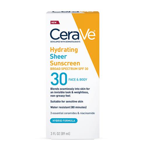 CeraVe Hydrating Sheer Sunscreen Broad Spectrum SPF 30 for Face & Body